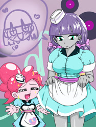 Size: 1668x2224 | Tagged: safe, artist:batipin, maud pie, pinkie pie, equestria girls, g4, abstract background, alternate hairstyle, alternate version in the description, apron, bow, braid, breasts, busty maud pie, clothes, cute, description is artwork too, dress, duo, female, hair bow, happy in inside, hat, inner kawaii, inner thoughts, maud pie is amused, maudabetes, not so above it all, pictogram, server pinkie pie, siblings, sisters, waitress