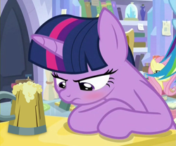 Size: 1081x901 | Tagged: safe, edit, edited screencap, screencap, fluttershy, twilight sparkle, alicorn, pegasus, pony, g4, the ending of the end, alcohol, beer, blushing, reaction image, twilight sparkle (alicorn)