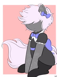 Size: 2106x2820 | Tagged: safe, artist:drawalaverr, oc, oc only, oc:pulsse, earth pony, pony, bow, clothes, covered eyes, crossdressing, femboy, high res, maid, male, quadrupedal, simple background, sitting, smiling, solo, spots