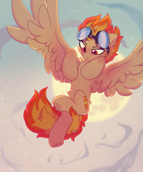 Size: 1825x2190 | Tagged: safe, artist:mirtash, spitfire, pegasus, pony, g4, chest fluff, ear fluff, female, flying, freckles, full moon, goggles, goggles on head, mare, moon, multicolored mane, multicolored tail, orange eyes, short mane, sky, solo, spread wings, tomboy, wings