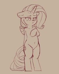 Size: 1126x1393 | Tagged: safe, artist:yoditax, rarity, unicorn, semi-anthro, g4, arm hooves, belly button, bipedal, floppy ears, lidded eyes, monochrome, solo