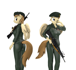 Size: 2169x1980 | Tagged: safe, artist:spinostud, oc, oc:coffe, anthro, assault rifle, beret, clothes, gun, hat, looking over shoulder, military, military uniform, pants, rifle, shirt, standing, weapon