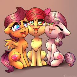 Size: 3000x3000 | Tagged: safe, artist:cornelia_nelson, apple bloom, scootaloo, sweetie belle, earth pony, pegasus, pony, unicorn, g4, adorabloom, behaving like a dog, chest fluff, cute, cutealoo, cutie mark crusaders, diasweetes, female, filly, high res, implied oral, looking up, tongue out