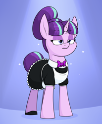 Size: 1400x1700 | Tagged: safe, artist:moonatik, starlight glimmer, pony, unicorn, g4, alternate hairstyle, apron, bowtie, clothes, dress, eyeshadow, female, hair bun, lights, maid, makeup, mare, shoes, skirt, solo, starlight glimmer is not amused, tail bun, unamused
