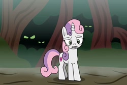 Size: 1280x854 | Tagged: safe, artist:platinumdrop, sweetie belle, pony, g4, everfree forest, lost, request, scared, solo