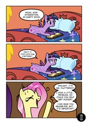 Size: 2894x4093 | Tagged: safe, artist:bonpikabon, fluttershy, twilight sparkle, alicorn, pegasus, pony, comic:princess fluttershy, g4, bed, blanket, book, comic, eyes closed, female, golden oaks library, knocking, mare, messy mane, open mouth, pillow, raised hoof, sweat, sweatdrop, sweatdrops, twilight sparkle (alicorn), twilight sparkle is not amused, unamused