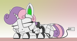Size: 2000x1063 | Tagged: safe, artist:dacaoo, sweetie belle, pony, robot, robot pony, unicorn, g4, charging, cute, diasweetes, dock, eyes closed, female, filly, leonine tail, lying down, plug, prone, sleeping, smiling, solo, sweetie bot
