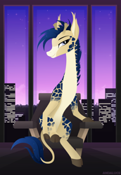 Size: 1724x2511 | Tagged: safe, artist:andaluce, oc, oc only, oc:procerus, giraffe, city, cityscape, indoors, lineless, necc, sitting, solo