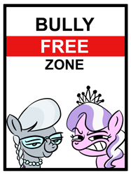 Size: 1000x1339 | Tagged: safe, artist:velgarn, diamond tiara, silver spoon, earth pony, pony, g4, bully, drawthread, duo, glasses, grin, jewelry, looking at you, mega smug, necklace, parody, requested art, sign, simple background, smiling, smug, snickering, tiara, white background