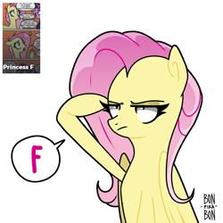 Size: 4000x4000 | Tagged: safe, artist:bonpikabon, fluttershy, twilight sparkle, alicorn, pegasus, pony, comic:princess fluttershy, g4, bipedal, comic, f, female, mare, meme, messy mane, open mouth, press f to pay respects, raised hoof, salute, shitposting, simple background, solo focus, twilight sparkle (alicorn), white background