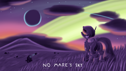 Size: 5120x2880 | Tagged: safe, artist:rockhoppr3, alien, pony, astronaut, cloud, cloudy, crossover, grass, grass field, high res, no man's sky, planet, science fiction, spaceship, spacesuit