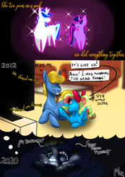 Size: 3508x4961 | Tagged: safe, artist:mekblue, shining armor, twilight sparkle, oc, oc:mechanical star, pegasus, pony, g4, season 2, bbbff, brother and sister, crying, female, living room, male, memories, pegasus oc, pointy ponies, royal wedding, sad, siblings, song, watching tv, wings