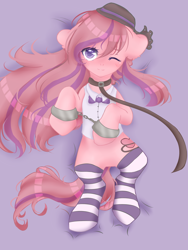 Size: 2250x3000 | Tagged: safe, artist:mirona9, oc, oc only, oc:sweet haze, earth pony, pony, bowtie, clothes, collar, commission, cuffs, featureless crotch, hat, high res, kneesocks, leash, looking at you, lying, lying down, male, on back, one eye closed, shirt, socks, solo, striped socks, ych result