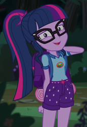 Size: 656x955 | Tagged: safe, screencap, sci-twi, twilight sparkle, equestria girls, g4, legend of everfree - bloopers, my little pony equestria girls: legend of everfree, cropped, female, snarf, solo