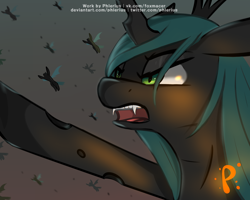 Size: 1280x1024 | Tagged: safe, artist:phlerius, queen chrysalis, changeling, changeling queen, a canterlot wedding, g4, background changeling, crown, digital art, featured image, female, flying, frown, glare, gray background, jewelry, night, open mouth, pointing, regalia, simple background, solo focus, spread wings, underhoof, wings