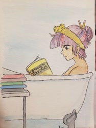 Size: 756x1008 | Tagged: safe, artist:officiallemonpi, twilight sparkle, human, g4, alternate hairstyle, bath, book, bust, for dummies, hair bun, headband, humanized, profile, reading, solo, traditional art