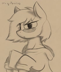 Size: 2600x3100 | Tagged: safe, artist:phlerius, pony, book, clothes, digital art, glasses, high res, hoodie, monochrome, reading, shirt, sketch, solo