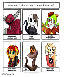 Size: 1440x1712 | Tagged: safe, artist:jerrydestrtoyer, sunset shimmer, demon, human, snake, equestria girls, g4, bone, bust, charlie magne, clothes, crossover, female, grim reaper, grim tales, hazbin hotel, hellaverse, hellborn, kaa, male, princess, princess of hell, six fanarts, skeleton, that's entertainment, the gray garden, the jungle book, the seven deadly sins