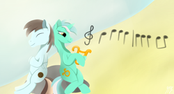 Size: 1980x1080 | Tagged: safe, artist:matyas451, lyra heartstrings, oc, oc:sweet cookie, pegasus, pony, unicorn, g4, beach, duo, female, lyre, male, mare, music notes, musical instrument, song reference, stallion