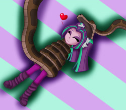 Size: 1823x1597 | Tagged: safe, artist:jerrydestrtoyer, aria blaze, snake, equestria girls, g4, clothes, coils, crossover, duo, eyes closed, female, floating heart, heart, imminent vore, kaa, male, open mouth, shoes, smiling, the jungle book, wrapped up