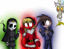 Size: 2205x1688 | Tagged: safe, artist:jerrydestrtoyer, discord, draconequus, g4, :o, black sclera, christmas, clothes, costume, crossover, finger snap, grin, heterochromia, holiday, male, open mouth, santa costume, smiling, transformation