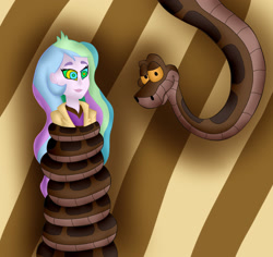 Size: 1799x1696 | Tagged: safe, artist:jerrydestrtoyer, princess celestia, principal celestia, reptile, snake, equestria girls, g4, abstract background, clothes, coils, crossover, duo, female, kaa, kaa eyes, kaa hypnotism paraphilia, male, mind control, the jungle book, wrapped up