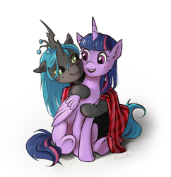 Size: 1047x1080 | Tagged: safe, artist:vyazinrei, queen chrysalis, twilight sparkle, alicorn, changeling, changeling queen, pony, g4, a better ending for chrysalis, cute, cutealis, duo, female, hug, simple background, twiabetes, twilight sparkle (alicorn), white background