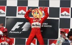Size: 720x445 | Tagged: safe, sunset shimmer, human, equestria girls, g4, 1000 years in photoshop, bad photomanip, ferrari, formula 1, happy, low quality, marlboro, solo, winner, you tried