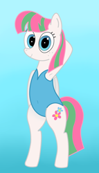 Size: 2310x4032 | Tagged: safe, artist:rainbowšpekgs, blossomforth, pegasus, pony, semi-anthro, g4, arm behind head, armpits, bipedal, blue swimsuit, clothes, cute, female, looking at you, one-piece swimsuit, simple background, smiling, solo, standing, swimsuit, wings