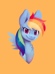 Size: 1024x1366 | Tagged: safe, artist:kusoazi, rainbow dash, pegasus, pony, g4, bust, chest fluff, female, looking at you, mare, orange background, portrait, simple background, solo