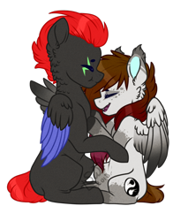 Size: 752x883 | Tagged: safe, artist:silentwolf-oficial, oc, oc only, pegasus, pony, duo, eyes closed, open mouth, pegasus oc, signature, simple background, smiling, tattoo, transparent background, two toned wings, watermark, wings