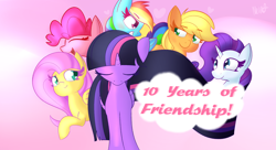 Size: 2200x1200 | Tagged: safe, artist:nevaylin, applejack, fluttershy, pinkie pie, rainbow dash, rarity, twilight sparkle, alicorn, earth pony, pegasus, pony, unicorn, mlp fim's tenth anniversary, g4, the last problem, happy birthday mlp:fim, mane six, older, older twilight, older twilight sparkle (alicorn), princess twilight 2.0, simple background, text, twilight sparkle (alicorn)