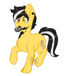Size: 664x752 | Tagged: safe, artist:silentwolf-oficial, oc, oc only, earth pony, pony, ear piercing, earth pony oc, gear, heterochromia, mouth hold, piercing, raised hoof, signature, simple background, smiling, solo, transparent background, watermark