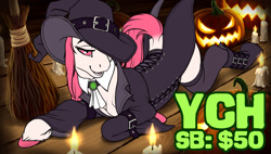 Size: 1280x725 | Tagged: safe, artist:wwredgrave, pony, advertisement, boots, candle, clothes, collar, commission, corset, costume, fire, halloween, halloween costume, hat, holiday, hooves, jack-o-lantern, jacket, leather, leather boots, leather jacket, light, looking at you, lying down, pumpkin, shoes, solo, witch, witch costume, witch hat, ych sketch, your character here