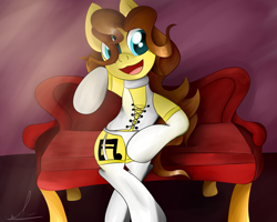 Size: 3100x2484 | Tagged: safe, artist:almaustral, oc, oc only, oc:billy rose, pegasus, semi-anthro, arm hooves, couch, female, high res, open mouth, pegasus oc, sitting, smiling