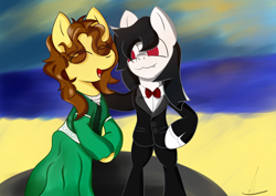 Size: 3100x2200 | Tagged: safe, artist:almaustral, oc, oc only, oc:billy rose, oc:lighting wind, pegasus, semi-anthro, arm hooves, bowtie, clothes, dress, eyes closed, female, high res, male, open mouth, pegasus oc, smiling, straight, suit, wedding dress