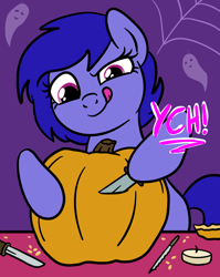 Size: 1536x1928 | Tagged: safe, artist:lannielona, ghost, pony, undead, advertisement, candle, carving, commission, female, halloween, knife, mare, nightmare night, pumpkin, pumpkin carving, seeds, solo, spider web, tongue out, your character here