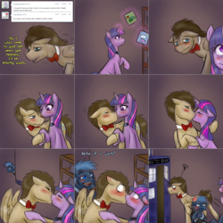 Size: 2254x2254 | Tagged: safe, artist:jitterbugjive, doctor whooves, star hunter, time turner, twilight sparkle, pegasus, pony, unicorn, ask discorded whooves, ask miss twilight sparkle, g4, ask, book, bookshelf, bowtie, bruised, dialogue, doctor who, doctor whooves is not amused, doctwi, dragging, female, flirting, high res, jack harkness, kissing, male, mare, ponified, race swap, romance, romantic, shipping, stallion, straight, tardis, the doctor, torchwood, tumblr comic, unicorn twilight, unshorn fetlocks