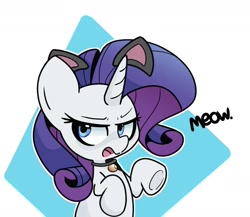 Size: 1606x1396 | Tagged: safe, artist:kindakismet, rarity, pony, unicorn, g4, abstract background, bell, bell collar, bust, cat ears, collar, cute, female, mare, open mouth, raribetes, raricat, rarity is not amused, simple background, solo, unamused, white background