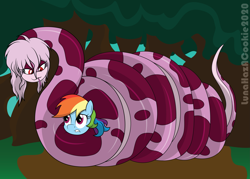 Size: 2825x2020 | Tagged: safe, artist:lunahazacookie, rainbow dash, oc, oc:magisa, pegasus, pony, snake, g4, coiling, coils, constriction, damsel in distress, digital art, forest, high res, non-mlp oc, non-pony oc, squeezing, trapped, wrapped up