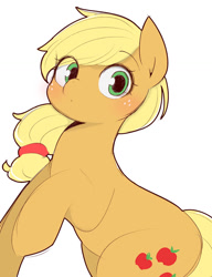 Size: 1023x1329 | Tagged: safe, artist:manachaaaaaaaa, applejack, earth pony, pony, g4, cute, female, hatless, jackabetes, looking at you, mare, missing accessory, pixiv, simple background, solo, white background