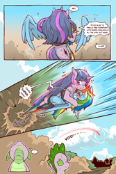 Size: 960x1440 | Tagged: safe, artist:cold-blooded-twilight, rainbow dash, spike, twilight sparkle, dragon, pegasus, pony, unicorn, cold blooded twilight, comic:cold storm, g4, blushing, clothes, cloud, cloudy, comic, dialogue, electricity, eyes closed, flying, hug, leggings, looking up, magic, smiling, speech bubble, speed lines, sweat, take off, unicorn twilight