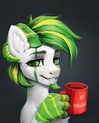 Size: 1728x2160 | Tagged: safe, artist:inowiseei, oc, oc only, oc:white night, incubus, pony, bust, cup, looking at you, portrait, simple background, solo, suddenly hands, teacup