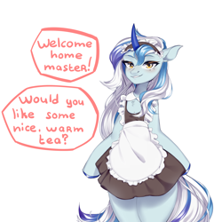Size: 3000x3000 | Tagged: safe, artist:reesoochan, oc, oc only, oc:saphir glitzern, unicorn, semi-anthro, arm hooves, clothes, colored hooves, crossdressing, high res, horn, maid, male, master, simple background, solo, talking, unicorn oc, white background