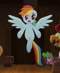 Size: 436x529 | Tagged: safe, screencap, rainbow dash, spike, bird, earth pony, parrot, pony, g4, cropped, female, male, mare, open mouth, pirate, spread wings, time to be awesome, wings