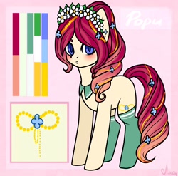 Size: 2186x2160 | Tagged: safe, oc, oc only, earth pony, pony, blushing, clothes, earth pony oc, floral head wreath, flower, high res, reference sheet, socks, solo