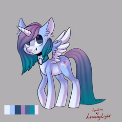 Size: 2160x2160 | Tagged: safe, oc, oc only, alicorn, pony, alicorn oc, base used, collar, cutie mark, ear fluff, gray background, grin, high res, horn, reference sheet, simple background, smiling, solo, two toned wings, wings