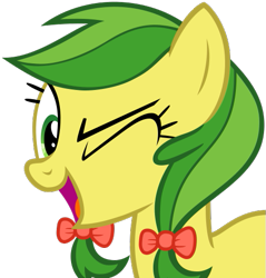 Size: 526x550 | Tagged: safe, artist:nano23823, apple fritter, earth pony, pony, g4, .svg available, apple family member, bow, bust, eyelashes, female, hair bow, mare, one eye closed, open mouth, simple background, smiling, solo, svg, transparent background, vector, wink