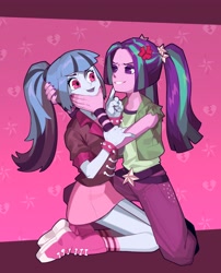Size: 3314x4096 | Tagged: safe, artist:croakgua, aria blaze, sonata dusk, equestria girls, g4, angry, cross-popping veins, female, hand on arm, hand on head, lesbian, remake, ship:arisona, shipping, touching face