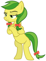 Size: 276x363 | Tagged: safe, artist:nano23823, apple fritter, earth pony, pony, g4, .svg available, apple family member, bow, crossed arms, eyelashes, female, frown, hair bow, mare, simple background, smiling, solo, svg, tail bow, transparent background, unamused, vector